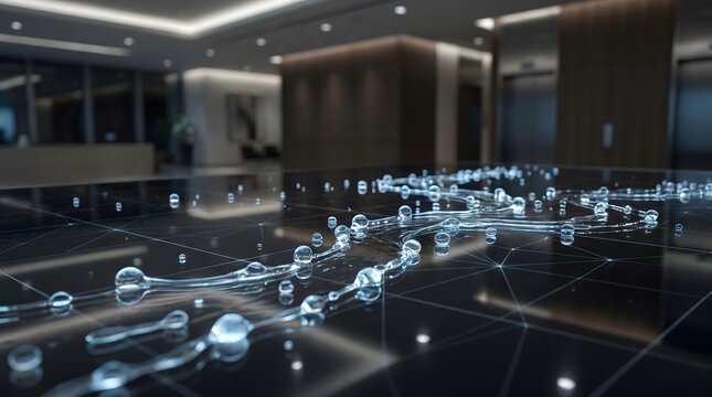 Digital Rain in Modern Lobby: Abstract digital rain-like effect cascades across the polished floor of a sleek, modern building lobby, highlighting a futuristic blend of technology and architecture.