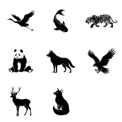 Obraz premium Black silhouettes of various wild animals on transparent background