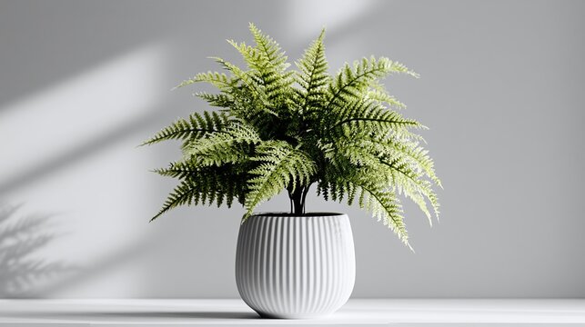 Vibrant green fern houseplant (Polypodiopsida) in a modern ribbed white pot, casting elegant shadows on a light grey wall, creating a serene and minimalist indoor aesthetic