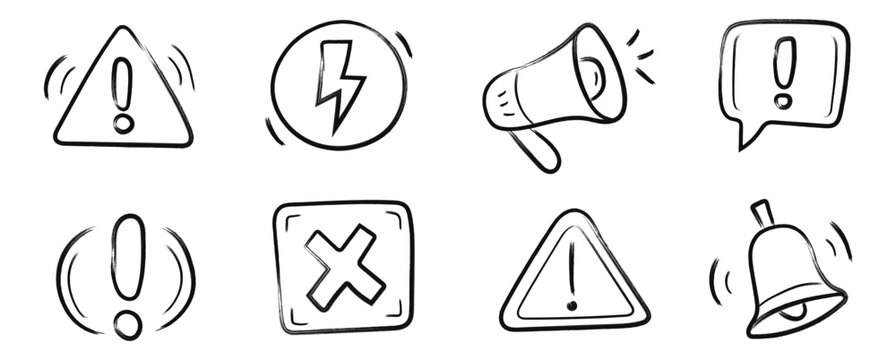 Doodle alert and warning icon set in hand drawn outline style. Exclamation, bell, megaphone, lightning, and error symbols suit app design. Sketchy black vector collection ideal for notification