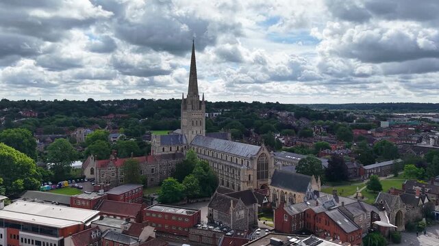 Drone shot of Norwich Cathedral, Norfolk, United Kingdom