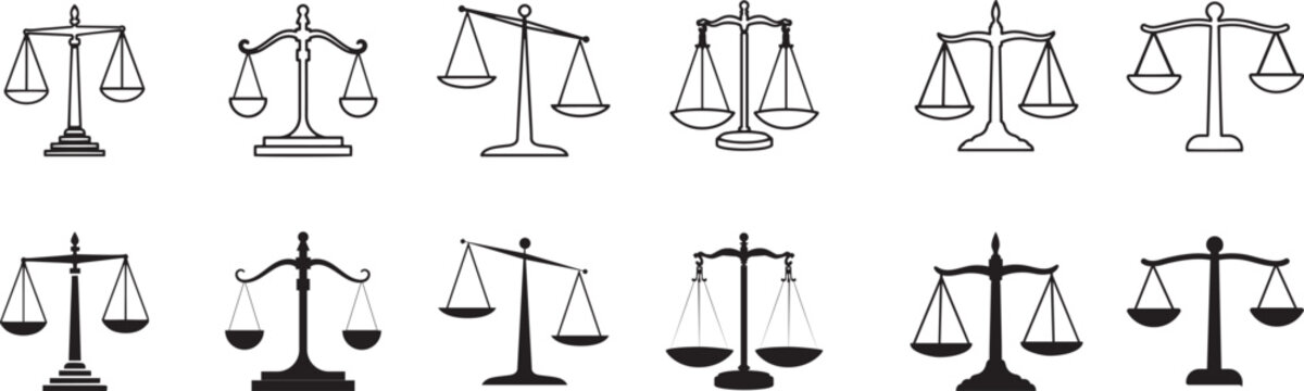 Set of scales of justice icons representing legal balance and law system.