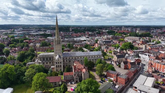 Aerial shot of Norwich Cathedral, Norfolk, United Kingdom
