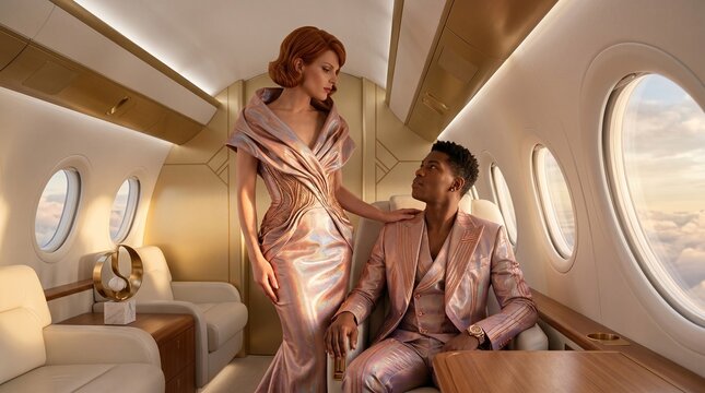 Luxury Private Jet Interior with Couple in Elegant Attire