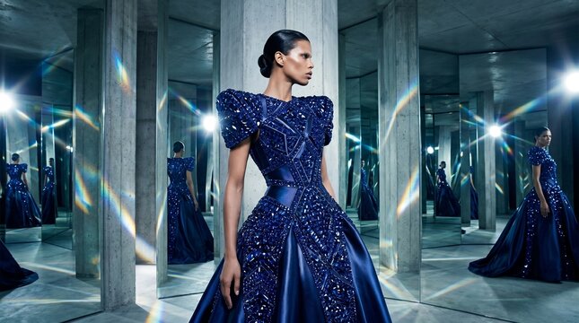 Woman in Elegant Blue Sequin Gown in Mirror Hallway