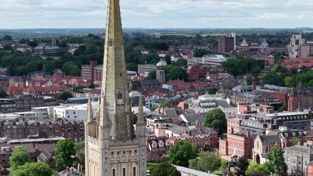 Aerial close up of Norwich Cathedral spire, Norfolk, United Kingdom