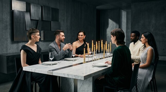 Elegant Dinner Party Conversation at Modern Table