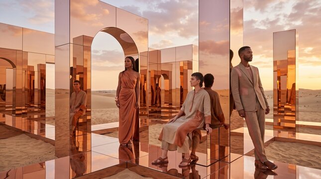 Diverse People in Modern Desert Glass Architecture Installation