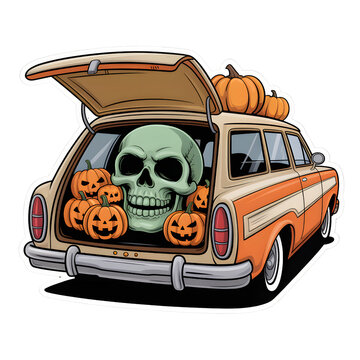 Retro station wagon car filled with orange pumpkins and a large human skull for halloween