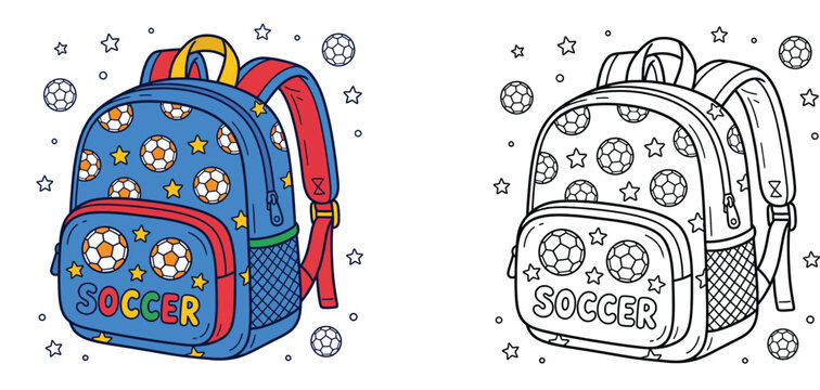 Cute kids school backpack with soccer ball pattern coloring page vector template, colorful and outline schoolbag rucksack illustration for children activity book.