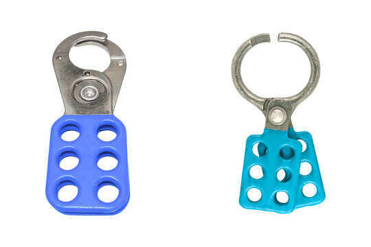 Two metal lockout hasps for electrical safety switch industrial devices