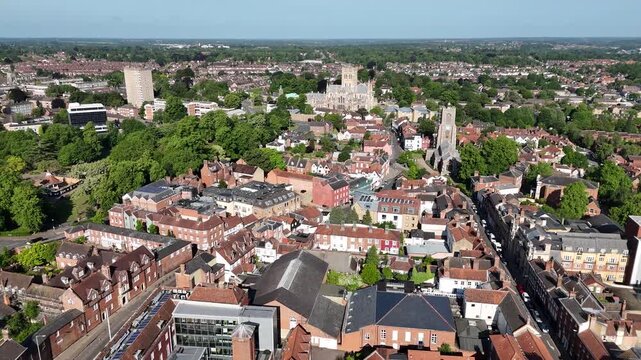 Aerial view of Norwich city center rooftops, Norfolk, United Kingdom