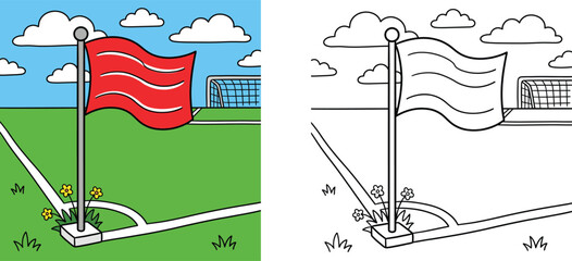 Red soccer corner flag on a green field with a goal net, colorful cartoon vector illustration and coloring book page set for children © MMONIR