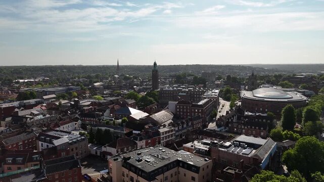 Aerial view of Norwich city center skyline, Norfolk, United Kingdom