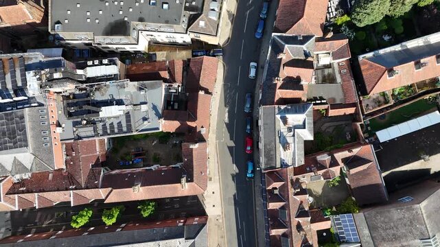 Top-down view of houses on Norwich city centre street, Norfolk, United Kingdom