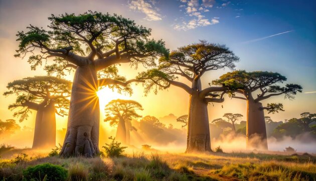 Magnificent baobab trees stand tall against a golden sunrise, casting long shadows and creating a dreamlike atmosphere.