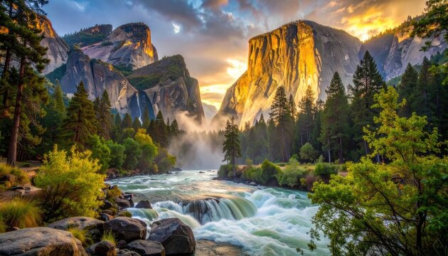 Majestic Yosemite Valley at sunset, with El Capitan and Bridalveil Fall illuminated by golden light.
