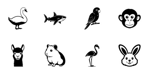 Obraz premium Animal Icon Set In Hand Drawn Style. Diverse Wildlife And Pet Doodle Sketch Collection. Includes Swan, Shark, Parrot, Monkey, Llama, Hamster, Flamingo, Rabbit. Isolated Vector Illustration