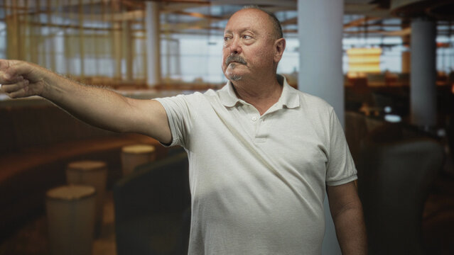 Man points finger with outstretched hand in an airport lounge, wearing a white polo shirt and looking sideways at something off frame; calm determination.