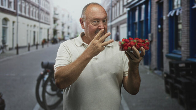 Man holds a punnet of strawberries, points finger to fruit with bare hand in street near buildings; playful moment.