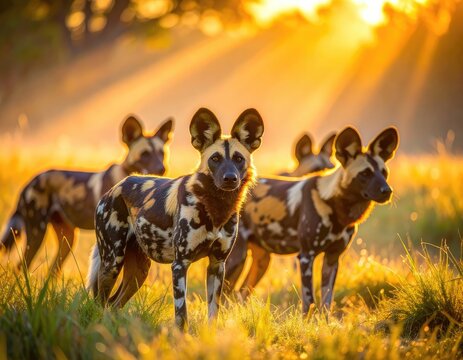 African wild dogs stand in the warm glow of sunrise in the savanna.