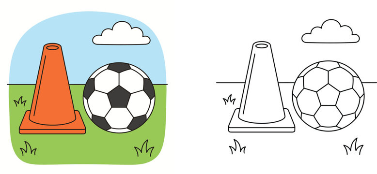 Coloring page and colored example of a soccer ball and training cone on a grassy field, black and white vector outline illustration for kids activity book