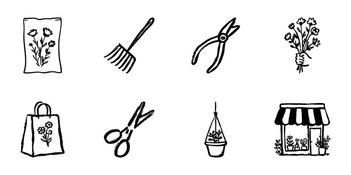 Gardening And Floral Tools In Hand Drawn Style Set. Plant Care, Flower Arrangement, And Horticulture Doodle Sketch Collection. Botanical Elements. Isolated Vector Illustration
