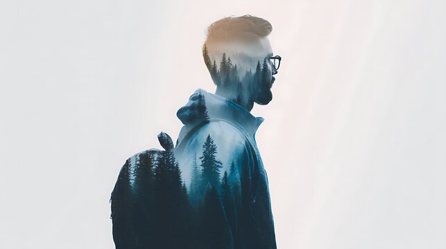 A double exposure image blending a man"s profile with a forest scene, symbolizing a connection between human and nature.