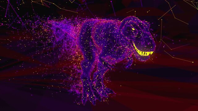 Seamless VJ loop of low poly T-Rex and geometric plexus style connections for high-tech club visuals, electronic music festivals, stage screens and for LED video walls