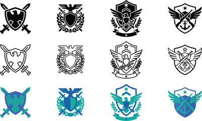 Fototapeta premium Military and naval emblems with eagles, swords, and shields