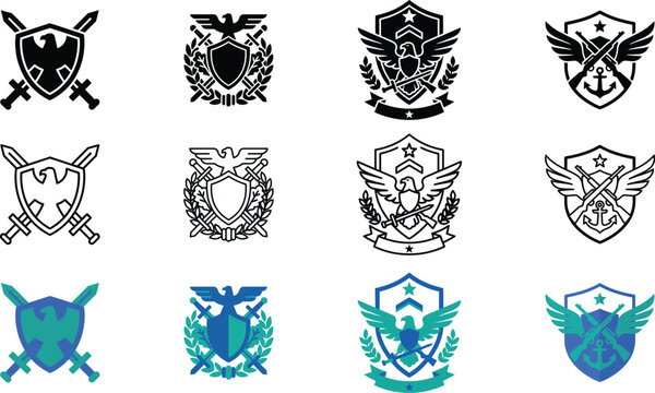 Military and naval emblems with eagles, swords, and shields
