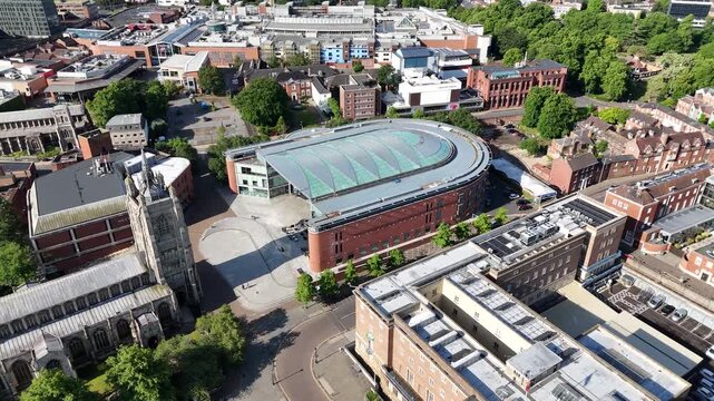 Aerial view of The Forum and St Peter Mancroft, Norwich city, Norfolk, UK