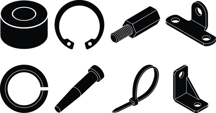 Black Mechanical Hardware Components Set with Fasteners Brackets Bushings and Industrial Vector Icons
