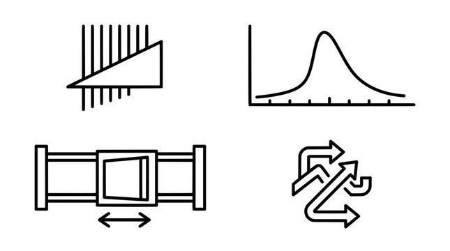 Radiotherapy dosimetry and beam modification vector icons set. Line art diagrams representing radiation wedge filter, depth dose curve graph, collimator jaw movement, and particle scattering.