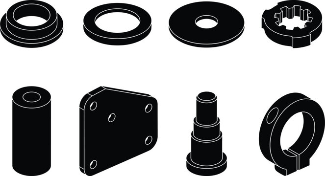 Industrial Mechanical Hardware Components Set with Bushings Washers Spacers Plates and Retaining Ring Vector Icons