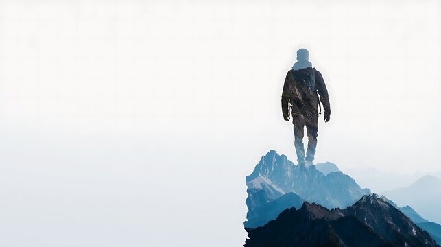 A silhouette of a person standing atop mountain peaks, blending with the rugged landscape in a double exposure style against a minimal white background.