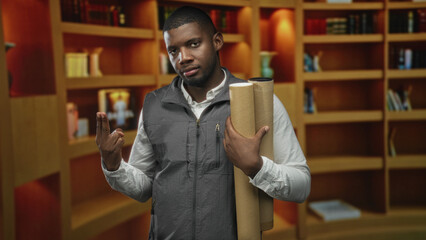 Man holding rolled blueprints and cardboard tubes makes two fingers gesture toward his temple amid wood bookshelves in a building  thoughtful planning. © Krakenimages.com