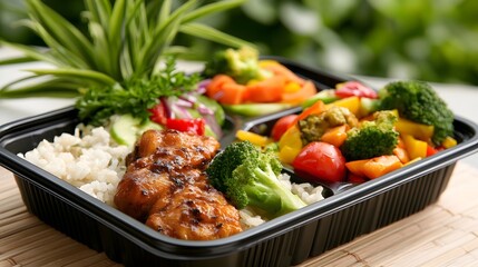 Fototapeta premium An inviting and healthy compartment meal filled with rice and fresh vegetables set against a serene backdrop