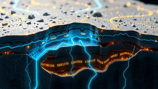 Abstract AI Data Sediments Background with Glowing Circuits and Fiber Optics