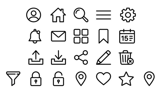 UI UX outline icon set with user interface and navigation symbols