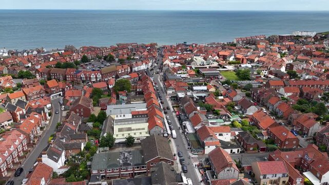 Aerial view of main street in Sheringham town center, Norfolk, United Kingdom