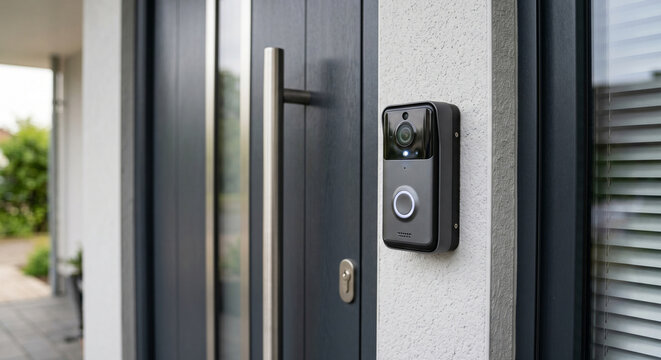 Video doorbell camera installed beside a black exterior door frame for modern residential security inspection in a modern residence