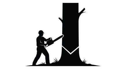 Lumberjack with chainsaw cutting down tree black silhouette © Rita