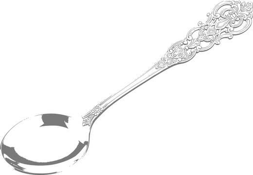 Ornate silver spoon with intricate scrollwork handle