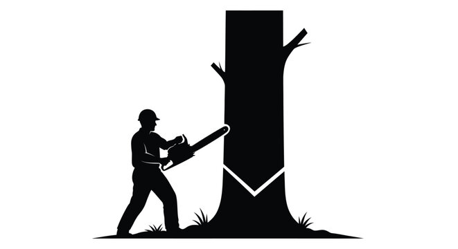 Lumberjack with chainsaw cutting down tree black silhouette