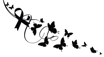 Ribbon And Butterflies Silhouette Against White Background © Rita