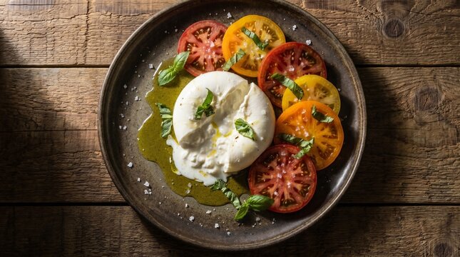 Burrata on heirloom tomatoes &mdash; torn basil, olive oil drizzle, dark ceramic plate