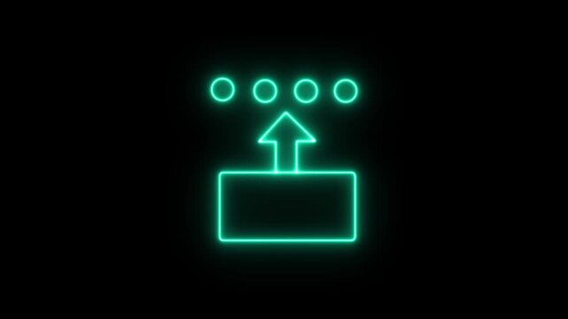 Cyberpunk style data upload or data export interface element, bright neon upload sign icon on black background, upward arrow with animation indicating file and data transfer success animation.