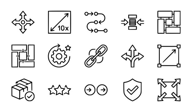 Business logistics, optimization, and workflow process line icon set