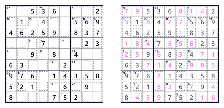 Two variations of Sudoku puzzles with solutions highlighted in blue and gray